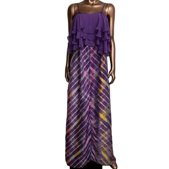 Calypso St Barth 100% Silk Purple Sleeveless Tie Dye Maxi Dress Ruffle Top Sz S - Picture 1 of 13